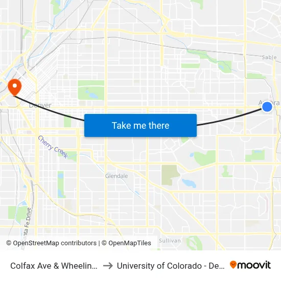 Colfax Ave & Wheeling St to University of Colorado - Denver map