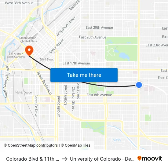 Colorado Blvd & 11th Ave to University of Colorado - Denver map