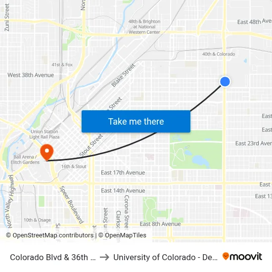 Colorado Blvd & 36th Ave to University of Colorado - Denver map