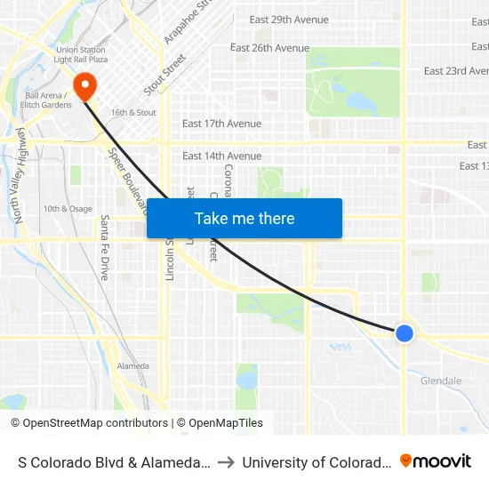 S Colorado Blvd & Alameda Ave Farside to University of Colorado - Denver map