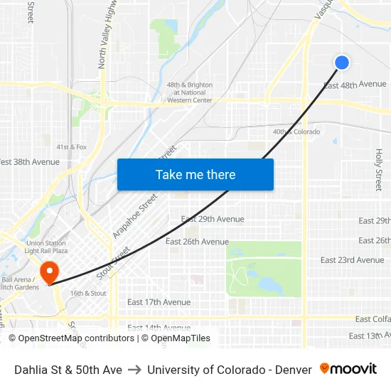 Dahlia St & 50th Ave to University of Colorado - Denver map