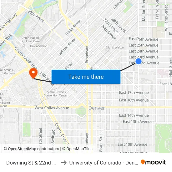Downing St & 22nd Ave to University of Colorado - Denver map