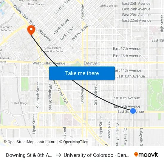 Downing St & 8th Ave to University of Colorado - Denver map