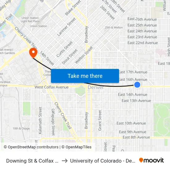 Downing St & Colfax Ave to University of Colorado - Denver map