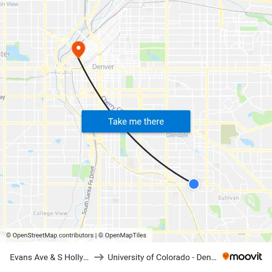 Evans Ave & S Holly St to University of Colorado - Denver map