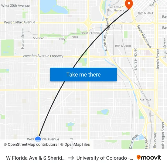 W Florida Ave & S Sheridan Blvd to University of Colorado - Denver map