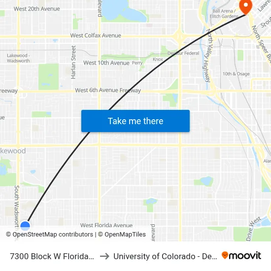 7300 Block W Florida Ave to University of Colorado - Denver map