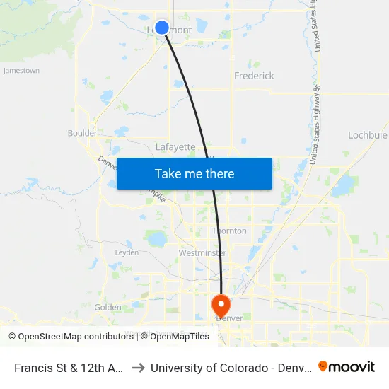 Francis St & 12th Ave to University of Colorado - Denver map