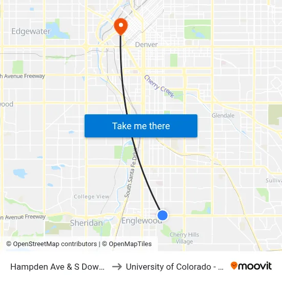 Hampden Ave & S Downing St to University of Colorado - Denver map