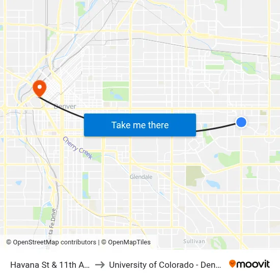 Havana St & 11th Ave to University of Colorado - Denver map