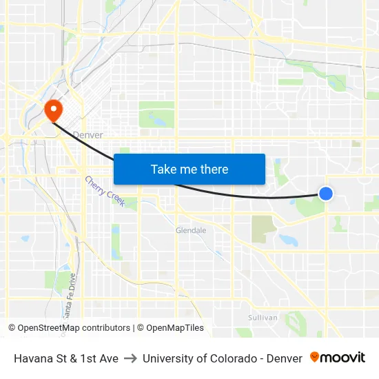 Havana St & 1st Ave to University of Colorado - Denver map