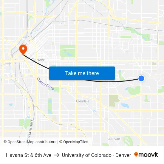 Havana St & 6th Ave to University of Colorado - Denver map