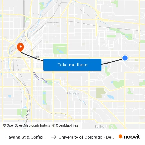 Havana St & Colfax Ave to University of Colorado - Denver map