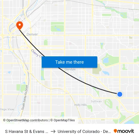 S Havana St & Evans Ave to University of Colorado - Denver map