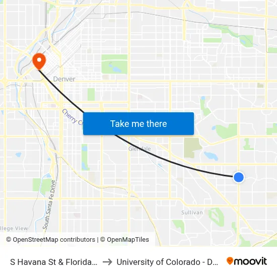 S Havana St & Florida Ave to University of Colorado - Denver map