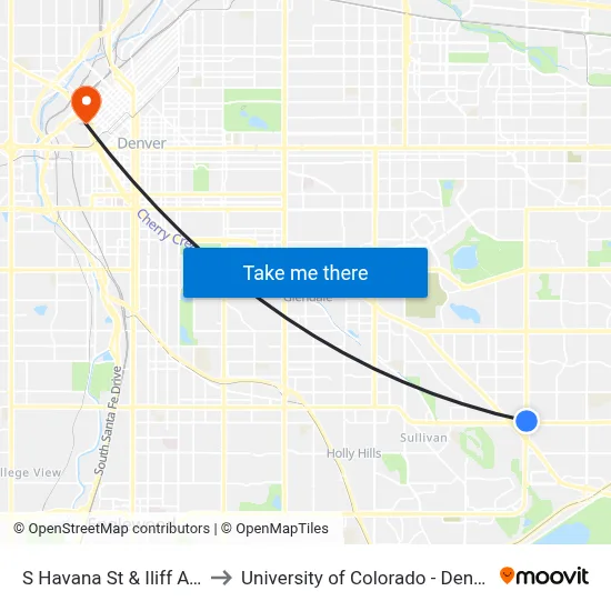 S Havana St & Iliff Ave to University of Colorado - Denver map