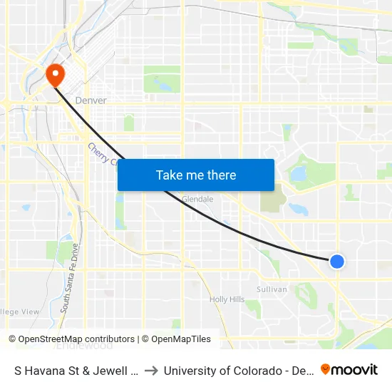S Havana St & Jewell Ave to University of Colorado - Denver map