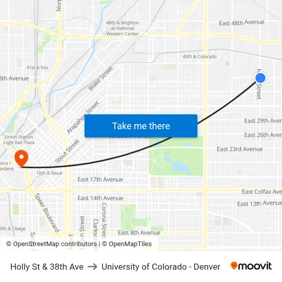 Holly St & 38th Ave to University of Colorado - Denver map