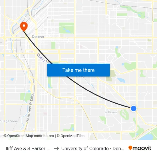 Iliff Ave & S Parker Rd to University of Colorado - Denver map