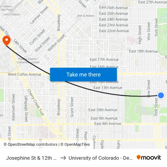 Josephine St & 12th Ave to University of Colorado - Denver map