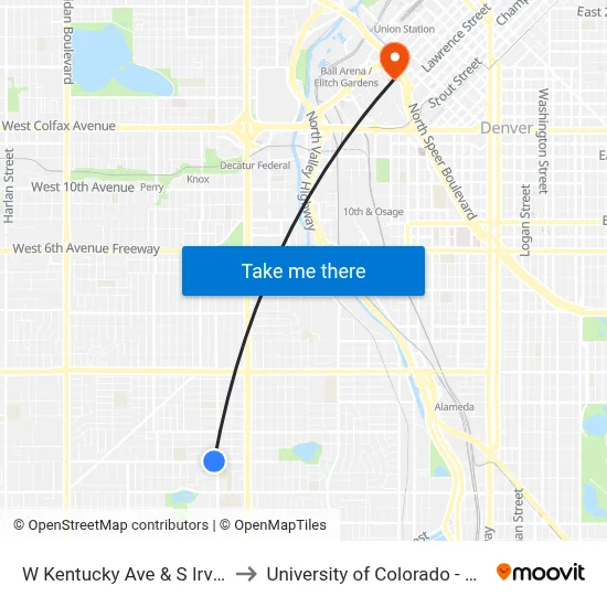 W Kentucky Ave & S Irving St to University of Colorado - Denver map