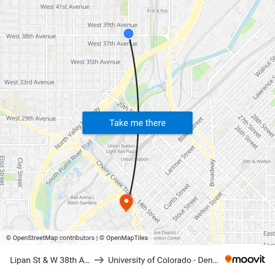 Lipan St & W 38th Ave to University of Colorado - Denver map