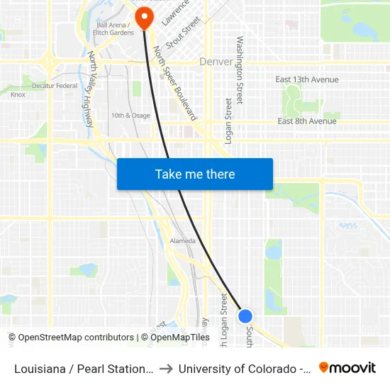 Louisiana / Pearl Station Gate A to University of Colorado - Denver map