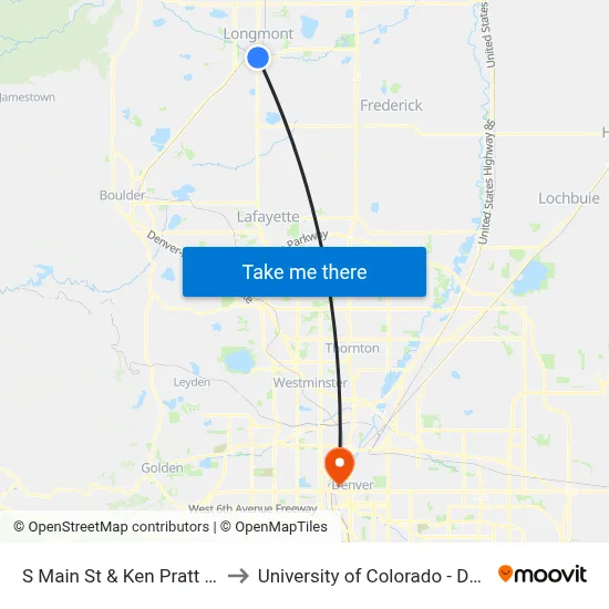 S Main St & Ken Pratt Blvd to University of Colorado - Denver map