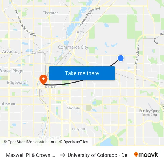 Maxwell Pl & Crown Blvd to University of Colorado - Denver map