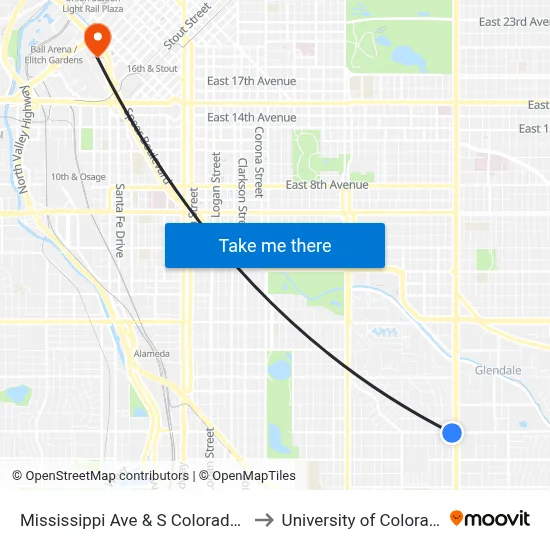 Mississippi Ave & S Colorado Blvd Nearside to University of Colorado - Denver map