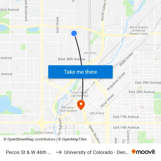 Pecos St & W 46th Ave to University of Colorado - Denver map