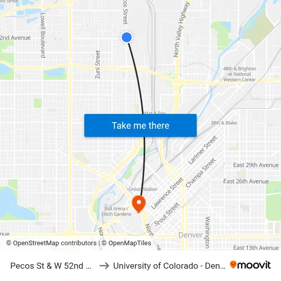Pecos St & W 52nd Ave to University of Colorado - Denver map