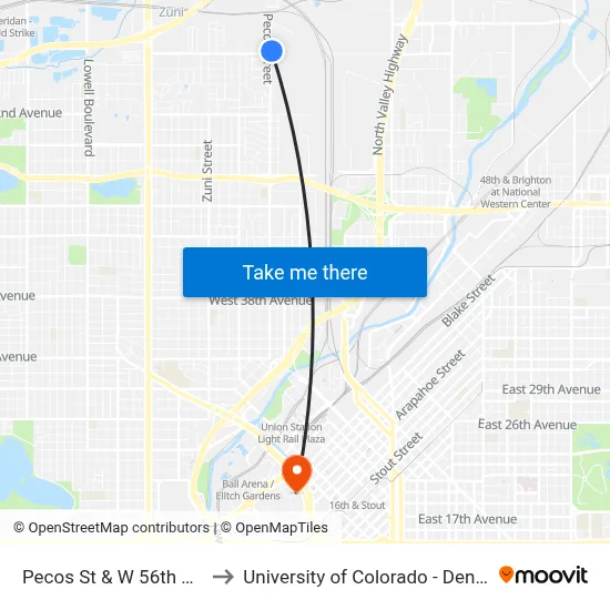 Pecos St & W 56th Ave to University of Colorado - Denver map