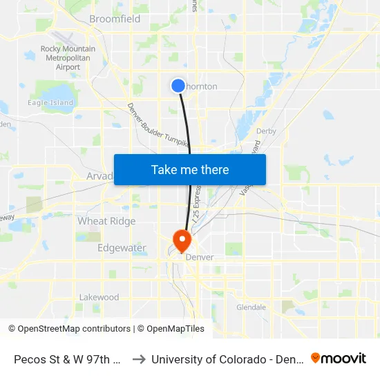 Pecos St & W 97th Ave to University of Colorado - Denver map