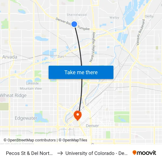 Pecos St & Del Norte St to University of Colorado - Denver map