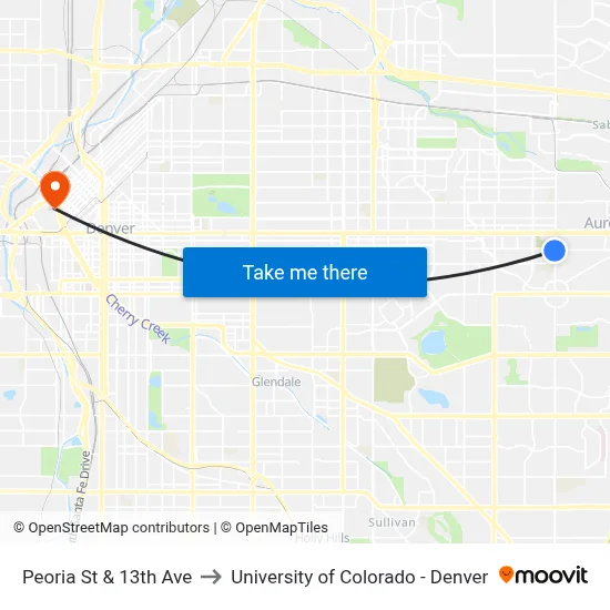 Peoria St & 13th Ave to University of Colorado - Denver map
