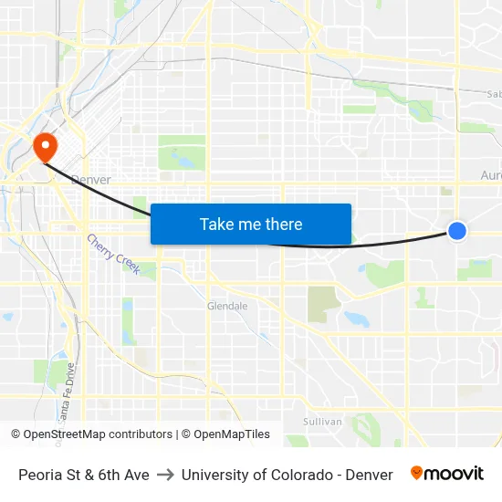 Peoria St & 6th Ave to University of Colorado - Denver map