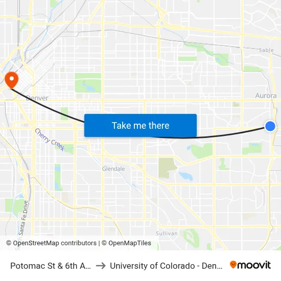 Potomac St & 6th Ave to University of Colorado - Denver map