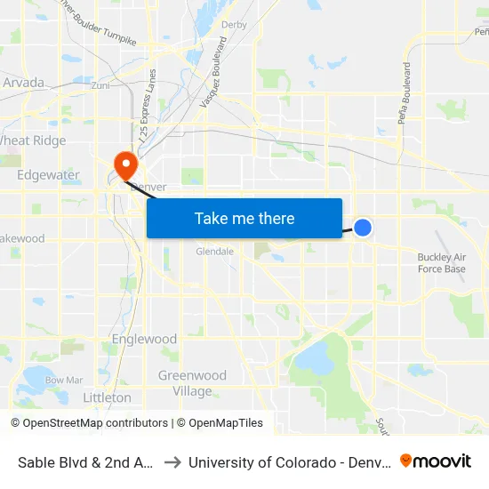 Sable Blvd & 2nd Ave to University of Colorado - Denver map