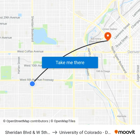Sheridan Blvd & W 5th Ave to University of Colorado - Denver map