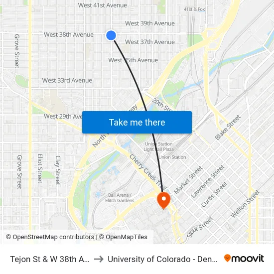 Tejon St & W 38th Ave to University of Colorado - Denver map