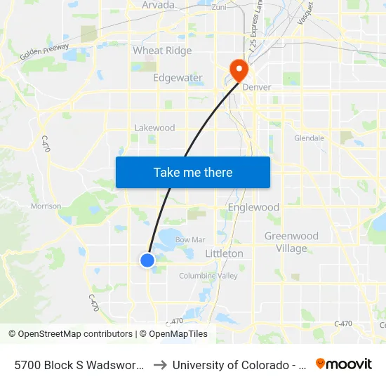 5700 Block S Wadsworth Blvd to University of Colorado - Denver map