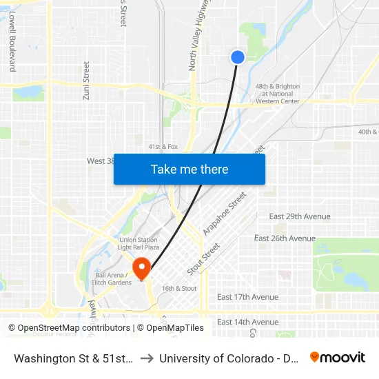 Washington St & 51st Ave to University of Colorado - Denver map