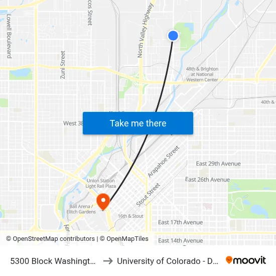 5300 Block Washington St to University of Colorado - Denver map