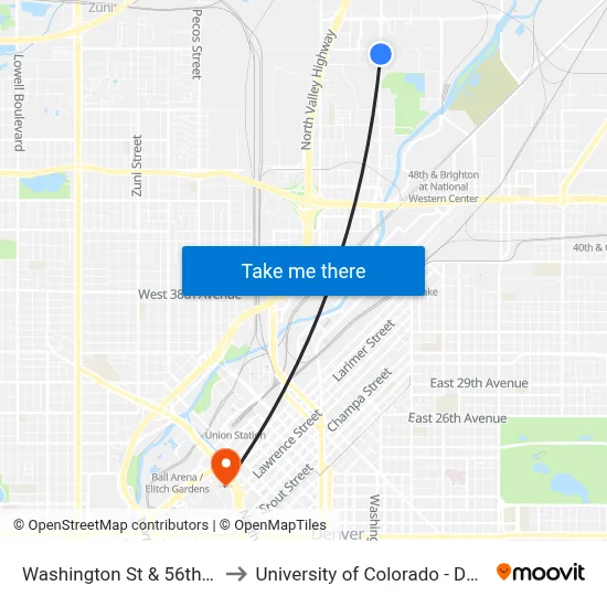 Washington St & 56th Ave to University of Colorado - Denver map