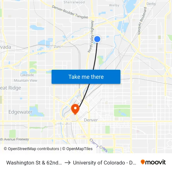Washington St & 62nd Ave to University of Colorado - Denver map