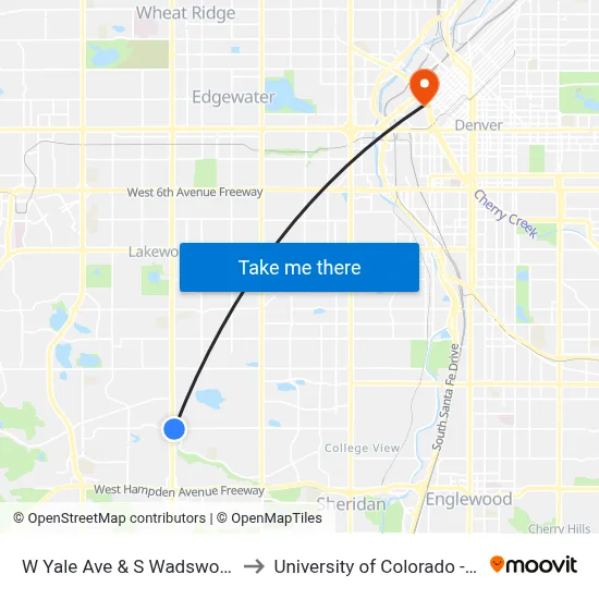 W Yale Ave & S Wadsworth Blvd to University of Colorado - Denver map
