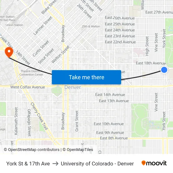 York St & 17th Ave to University of Colorado - Denver map