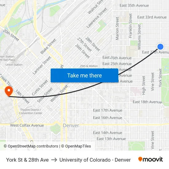 York St & 28th Ave to University of Colorado - Denver map