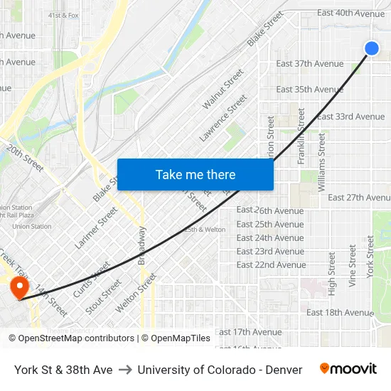 York St & 38th Ave to University of Colorado - Denver map